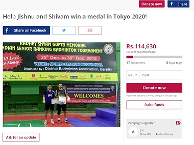 Jishnu Sanyal, doubles badminton player, takes to crowdfunding to keep Tokyo 2020 dream alive Jishnu Sanyal, doubles badminton player, takes to crowdfunding to keep Tokyo 2020 dream alive