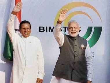 Prime Minister Narendra Modi with Sri Lankan President Maithripala Sirisena during the opening ceremony of the BIMSTEC Summit in Mobor, Goa on Sunday. PTI