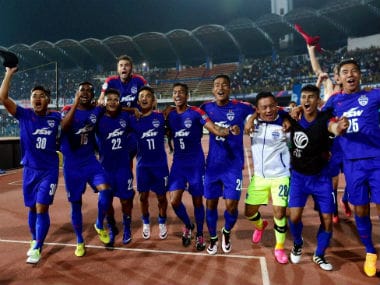 A jubilant Bengaluru FC team after advancing to the final of the AFC Cup. PTI