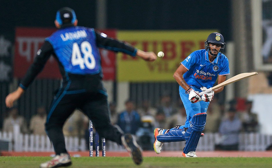 India's Axar Patel plays a shot during the forth one-day international cricket match against New Zealand in Ranchi, India, Wednesday, Oct. 26, 2016. (AP Photo/Rajanish Kakade)