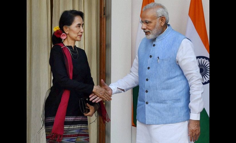 Prime Minister Narendra Modi with Myanmar State Counsellor and Foreign Minister Aung San Suu Kyi in New Delhi on Wednesday. PTI