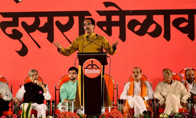 Shiv Sena President Uddhav Thackarey addresses during the party's annual Dussehra rally at Shivaji Park in Mumbai on Tuesday. PTI
