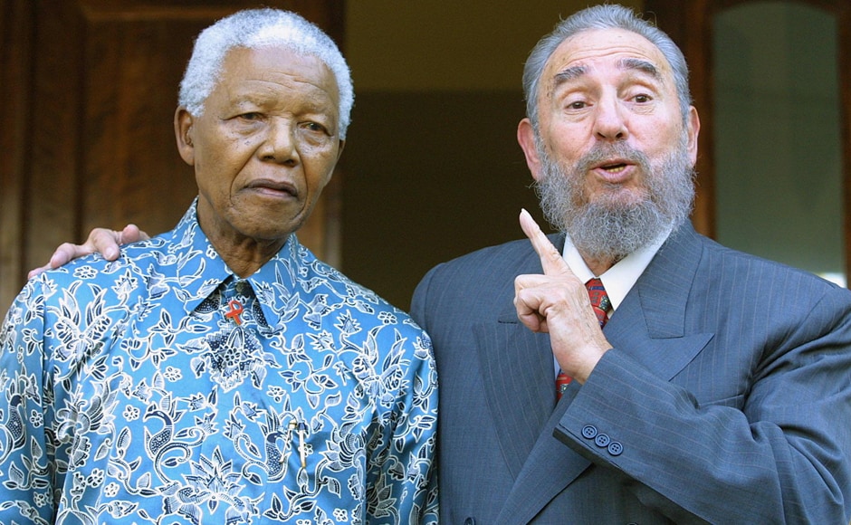Cuban president Fidel Castro (R) expresses his joy in meeting former South African president Nelson Mandela at Mandela's office in Johannesburg 02 September 2001 . Castro who took part in the UN World Racism conference in Durban used the opportunity to visit Mandela, whose health is affected by cancer. (Photo: AFP) Cuban president Fidel Castro (R) expresses his joy in meeting former South African president Nelson Mandela at Mandela's office in Johannesburg 02 September 2001 . Castro who took part in the UN World Racism conference in Durban used the opportunity to visit Mandela, whose health is affected by cancer. (Photo: AFP)
