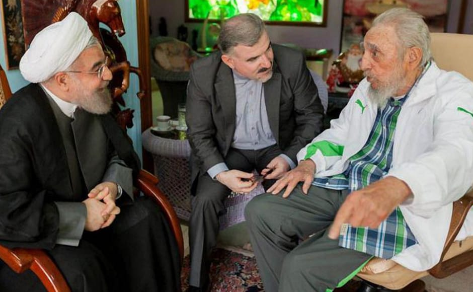 In this picture hand-out by Estudios Revolucion, the Iranian President Hasan Rohani (L) is received by former Cuban President Fidel Castro (R) in his house of Havana, on 19 September, 2016. Castro squeezed the maximum out of his 90 years which ended when he died late Friday, getting by on snatched rest, sustained by the passion of his interests and the revolution he nurtured for nearly half a century. (Photo: AFP) In this picture hand-out by Estudios Revolucion, the Iranian President Hasan Rohani (L) is received by former Cuban President Fidel Castro (R) in his house of Havana, on 19 September, 2016. Castro squeezed the maximum out of his 90 years which ended when he died late Friday, getting by on snatched rest, sustained by the passion of his interests and the revolution he nurtured for nearly half a century. (Photo: AFP)