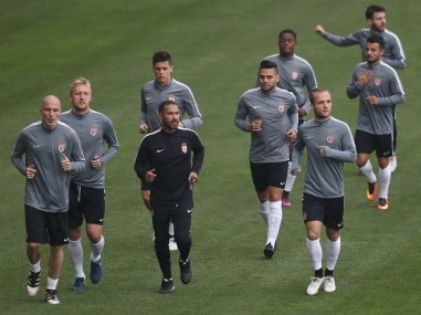 Monaco's players during a training session ahead of CSKA Moscow clash. AFP