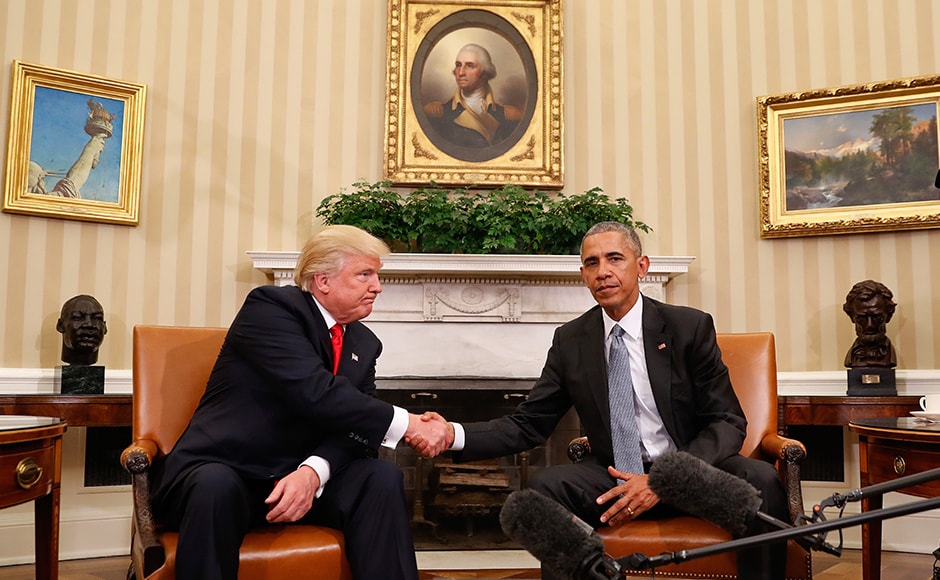 Barack Obama and Donald Trump put acerbic rows and profound differences aside in a 90-minute transition meeting at the White House on Thursday, hoping to quell fears about the health of the world's pre-eminent democracy. AP Barack Obama and Donald Trump put acerbic rows and profound differences aside in a 90-minute transition meeting at the White House on Thursday, hoping to quell fears about the health of the world's pre-eminent democracy. AP