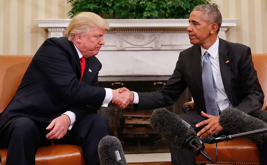 The two men ended the historic White House encounter with a handshake and refused to take questions. AP The two men ended the historic White House encounter with a handshake and refused to take questions. AP