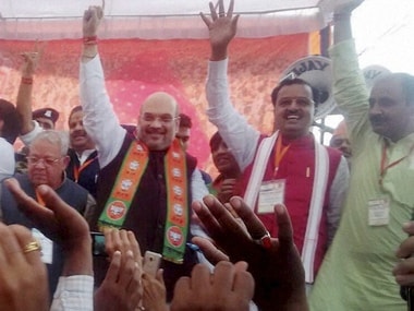 BJP National President Amit Shah with his supporters during an election rally for UP elections in Saharanpur on Saturday. PTI