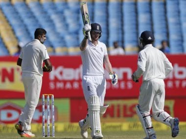 Ben Stokes celebrates on the 2nd day of the first Test between India and England. AP