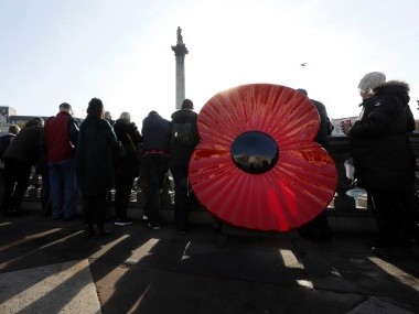 A giant poppy displayed in Trafalgar Square to mark Armistice Day in London. AP