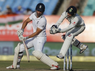 England captain Alastair Cook bats on day four of the first Test against India at Rajkot. AP