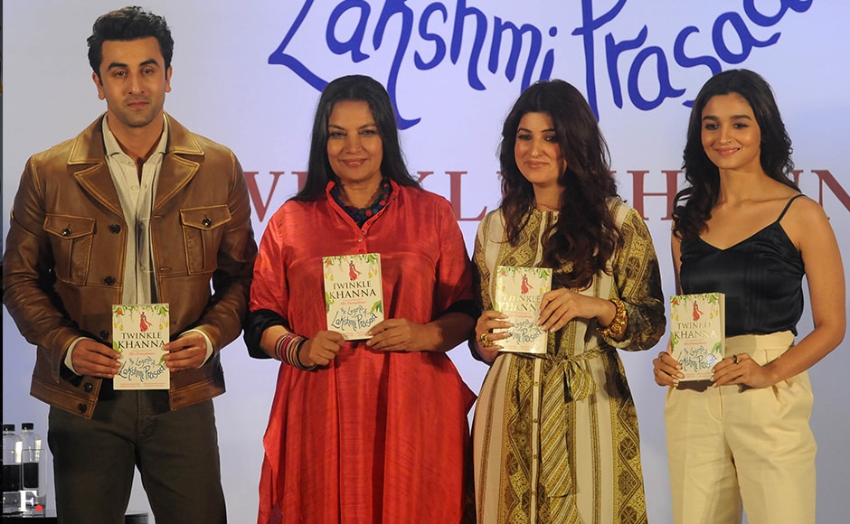 Twinkle Khanna's launch for her second book was a star-studded event. Ranbir Kapoor, Shabana Azmi and Alia Bhatt pose with Khanna and hold up her book. Sachin Gokhale/Firstpost Twinkle Khanna's launch for her second book was a star-studded event. Ranbir Kapoor, Shabana Azmi and Alia Bhatt pose with Khanna and hold up her book. Sachin Gokhale/Firstpost