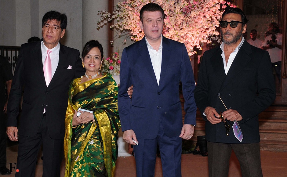 The father of the bride Rakeshnath, Smita Thackeray pose with Aditya Pancholi and Jackie Shroff. Sachin Gokhale/Firstpost The father of the bride Rakeshnath, Smita Thackeray pose with Aditya Pancholi and Jackie Shroff. Sachin Gokhale/Firstpost