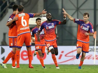 FC Pune City players celebrating a goal in their 4-3 win over Delhi Dynamos. ISL