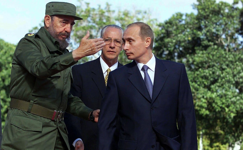 Cuban President Fidel Castro, left, welcomes Russian President Vladimir Putin to Cuba 14 December, 2000 at the Palace of the Revolution in Havana, Cuba. Putin is the first President of Russia to visit Cuba since the fall of the Berlin Wall. (Photo: Newsmakers) Cuban President Fidel Castro, left, welcomes Russian President Vladimir Putin to Cuba 14 December, 2000 at the Palace of the Revolution in Havana, Cuba. Putin is the first President of Russia to visit Cuba since the fall of the Berlin Wall. (Photo: Newsmakers)