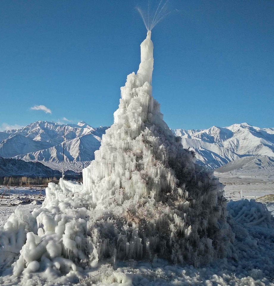 The prototype of an Ice stupa constructed in Ladakh. Facebook.
