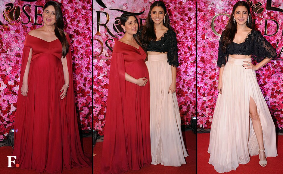 Anushka Sharma looked exquisite in a long slit skirt, teamed with a stylish black crop top while Kareena Kapoor showed off her baby bump in a red gown. FirstPost/ Sachin Gokhale Anushka Sharma looked exquisite in a long slit skirt, teamed with a stylish black crop top while Kareena Kapoor showed off her baby bump in a red gown. FirstPost/ Sachin Gokhale