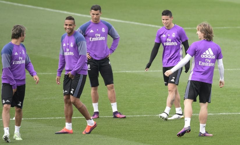 Cristiano Ronaldo and teammates take part in a training session ahead of the Madrid derby. AFP