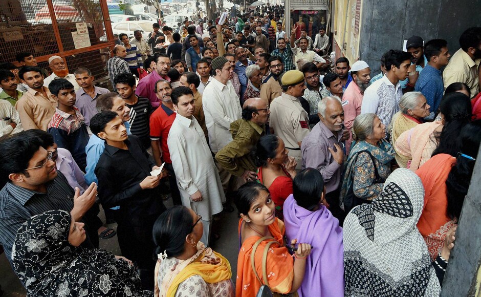 Similar scenes were witnessed in New Delhi as well as banks across country are witnessing heavy rush on the second day as people gathered to get new banknotes in exchange of old bills. PTI Similar scenes were witnessed in New Delhi as well as banks across country are witnessing heavy rush on the second day as people gathered to get new banknotes in exchange of old bills. PTI