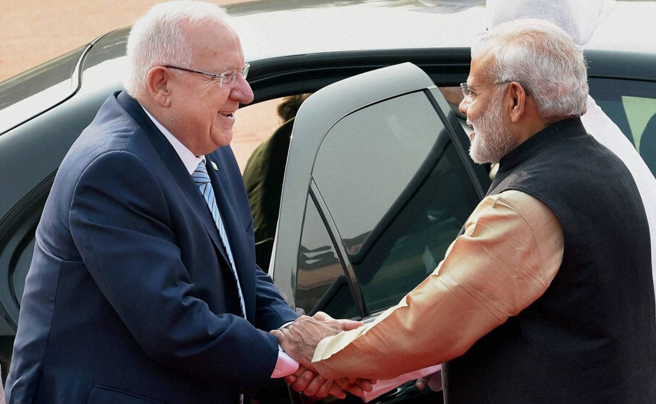 Prime Minister Narendra Modi shakes hands with Israeli President Reuven Rivlin during a ceremonial welcome at Rashtrapati Bhavan in New Delhi on Tuesday. PTI Prime Minister Narendra Modi shakes hands with Israeli President Reuven Rivlin during a ceremonial welcome at Rashtrapati Bhavan in New Delhi on Tuesday. PTI