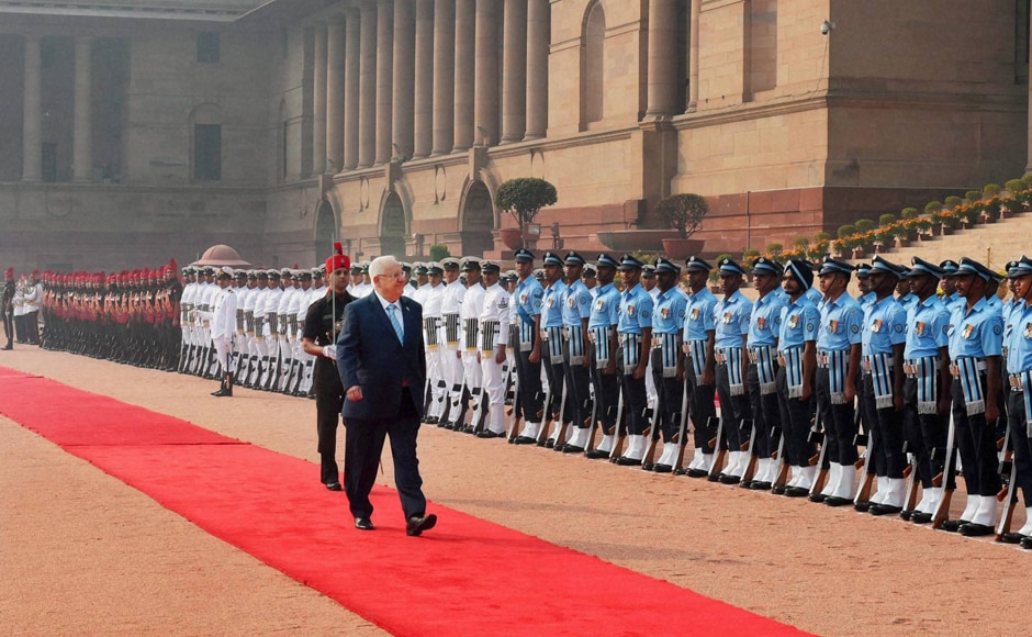 Israeli President Reuven Rivlin inspects the guard of honor during a ceremonial welcome at Rashtrapati Bhavan in New Delhi on Tuesday. PTI Israeli President Reuven Rivlin inspects the guard of honor during a ceremonial welcome at Rashtrapati Bhavan in New Delhi on Tuesday. PTI