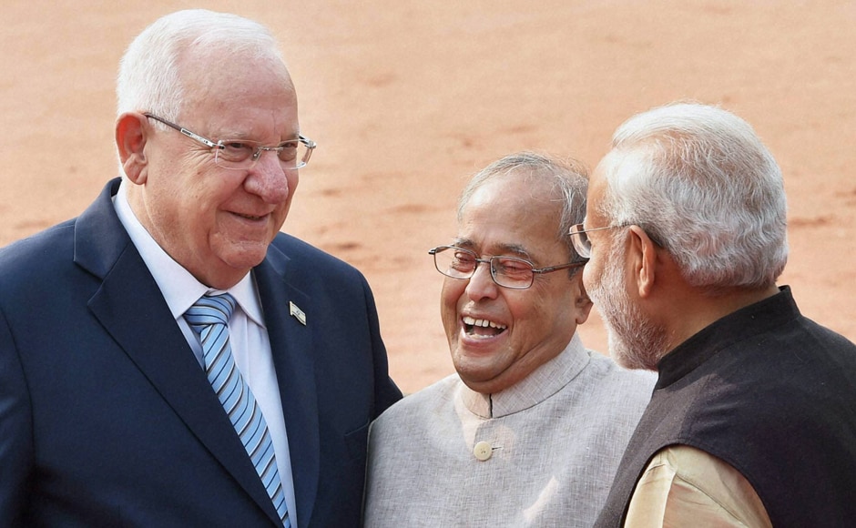 President Pranab Mukherjee, Prime Minister Narendra Modi and Israeli President Reuven Rivlin share a light moment during a ceremonial welcome at Rashtrapati Bhavan in New Delhi on Tuesday. PTI President Pranab Mukherjee, Prime Minister Narendra Modi and Israeli President Reuven Rivlin share a light moment during a ceremonial welcome at Rashtrapati Bhavan in New Delhi on Tuesday. PTI