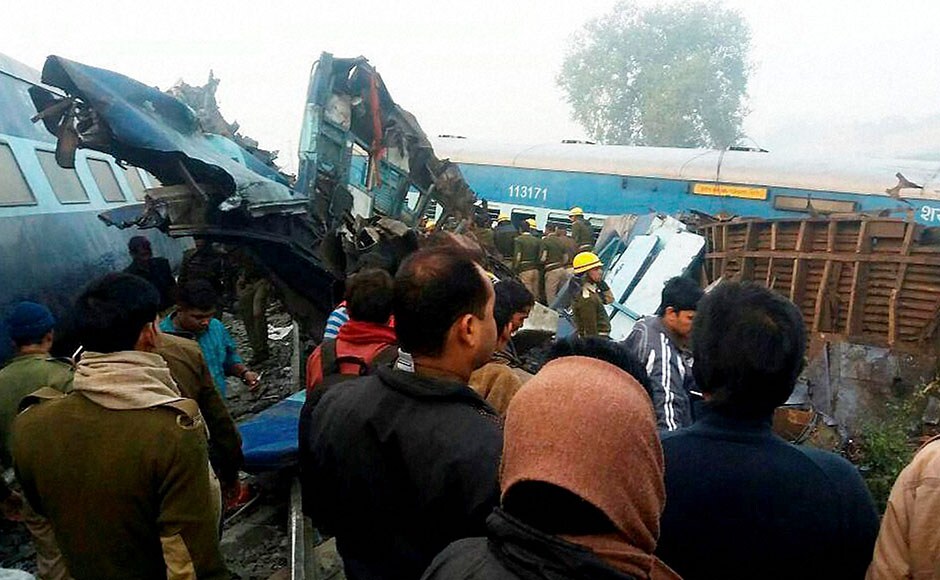 The horrific disaster took place when the Patna-bound train's coaches ran off the rails just after 3 am near Pukhraya station, about 60 km from Kanpur, railway and police officials said. PTI The horrific disaster took place when the Patna-bound train's coaches ran off the rails just after 3 am near Pukhraya station, about 60 km from Kanpur, railway and police officials said. PTI