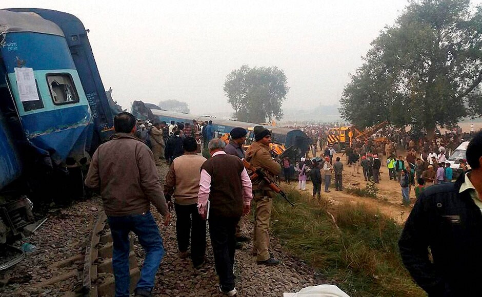 Police officers on the spot where 14 coaches of the Indore-Patna express derailed, killing around 90 people and injuring 150, in Kanpur Dehat on Sunday. PTI Police officers on the spot where 14 coaches of the Indore-Patna express derailed, killing around 90 people and injuring 150, in Kanpur Dehat on Sunday. PTI