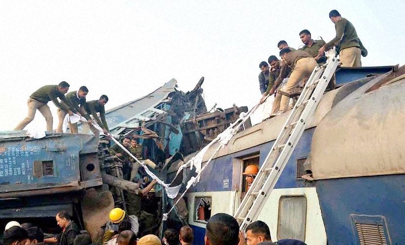 Rescue and relief work in progress after the Indore-Patna Express derailed near Kanpur Dehat on Sunday. PTI