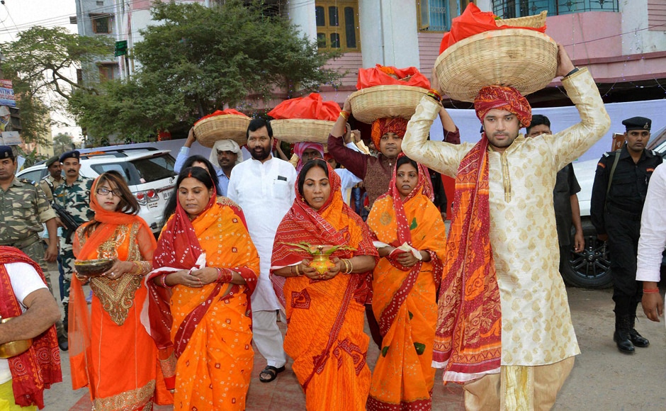 Lok Janshakti Party leader and MP Chirag Paswan carrying a basket with fruits for Chhath Puja in Patna with Union Minister Ramvilas Paswan and family members. PTI Lok Janshakti Party leader and MP Chirag Paswan carrying a basket with fruits for Chhath Puja in Patna with Union Minister Ramvilas Paswan and family members. PTI