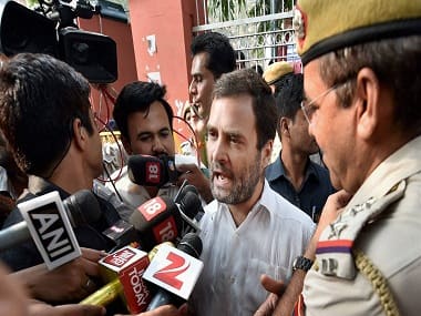 Congress vice-president Rahul Gandhi talks to the media outside RML Hospital after he was detained from entering the hospital to meet ex-serviceman Subedar Ram Kishan Grewal’s family in New Delhi on Wednesday. (Photo: PTI)