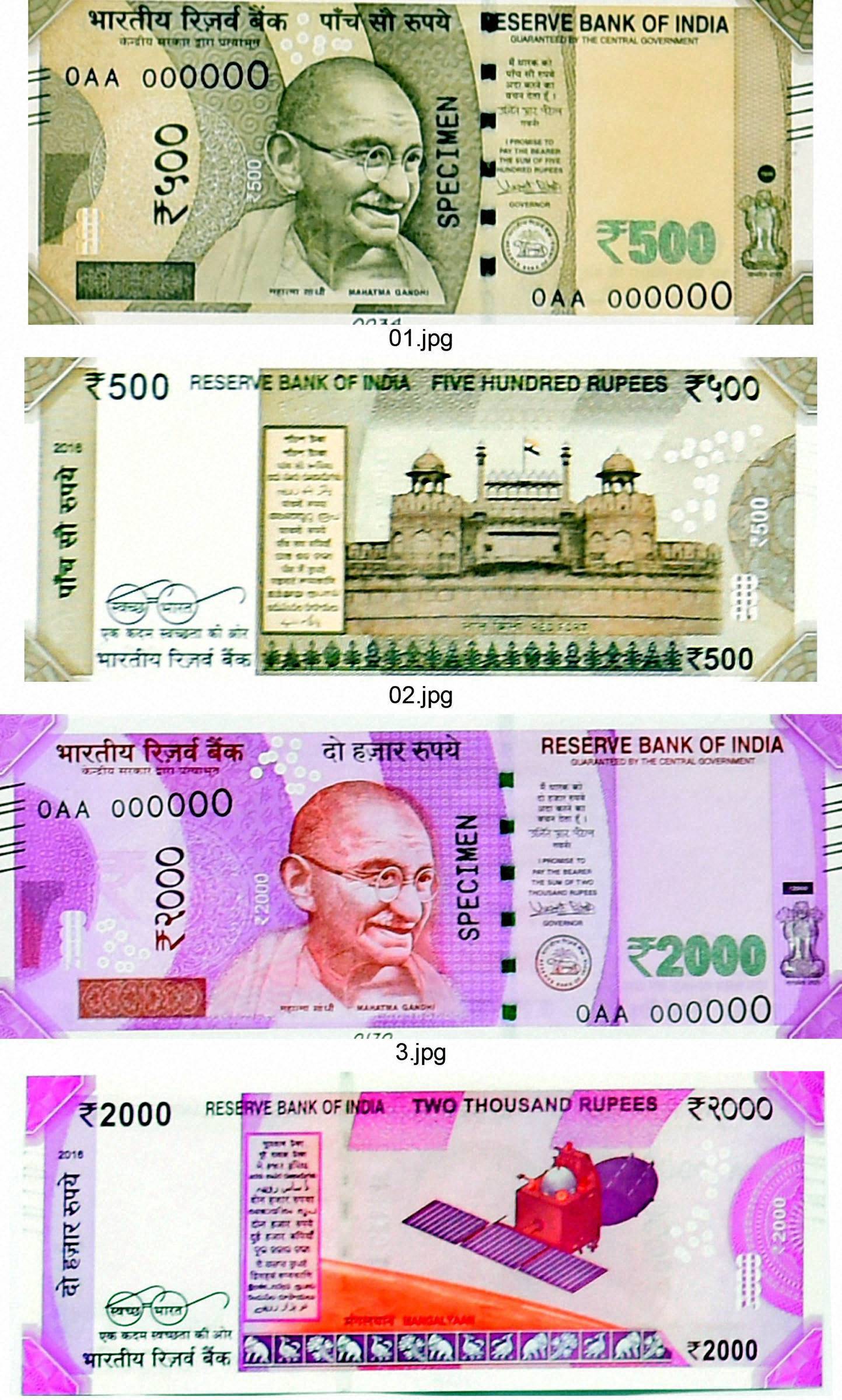 Specimen notes of new Rs 500 and Rs 2000 notes in New Delhi on Tuesday. PTI