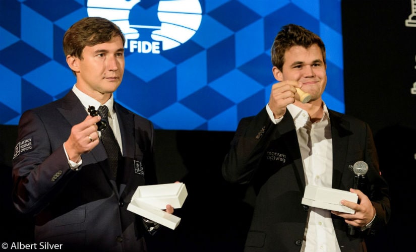 Carlsen gets the white pieces in the first encounter of the 12th game. Image courtesy: Albert Silver.