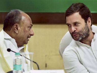 Congress vice-president Rahul Gandhi with senior party leader AK Antony at CWC meeting on Monday. PTI