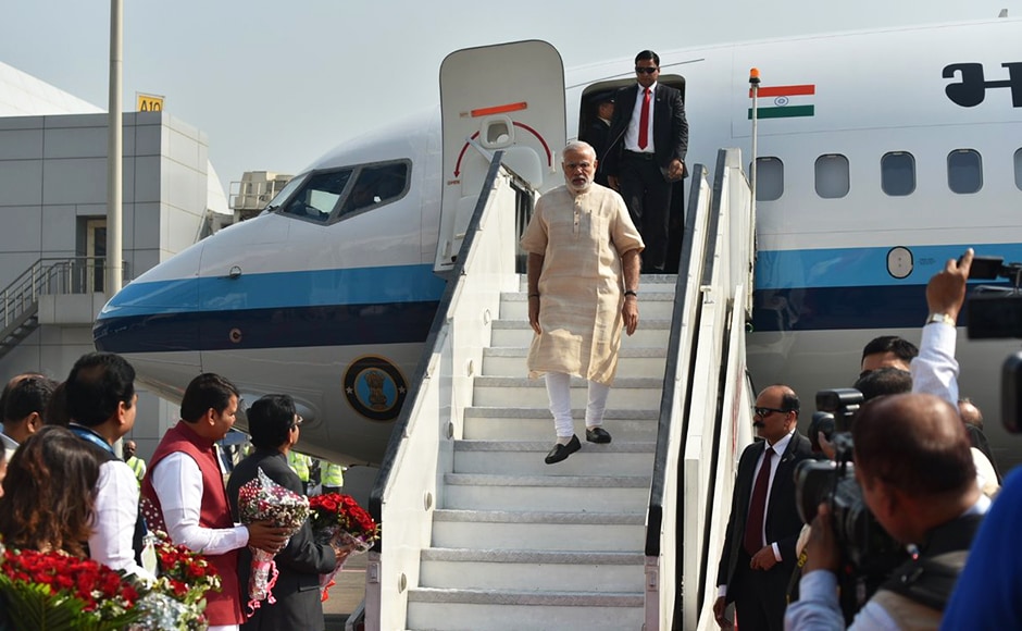 Prime Minister Narendra Modi arrived in Mumbai by an IAF aircraft on Saturday for a daylong visit to Maharashtra, where he has series of engagements during the day. Image courtesy: Twitter/PMOIndia Prime Minister Narendra Modi arrived in Mumbai by an IAF aircraft on Saturday for a daylong visit to Maharashtra, where he has series of engagements during the day. Image courtesy: Twitter/PMOIndia