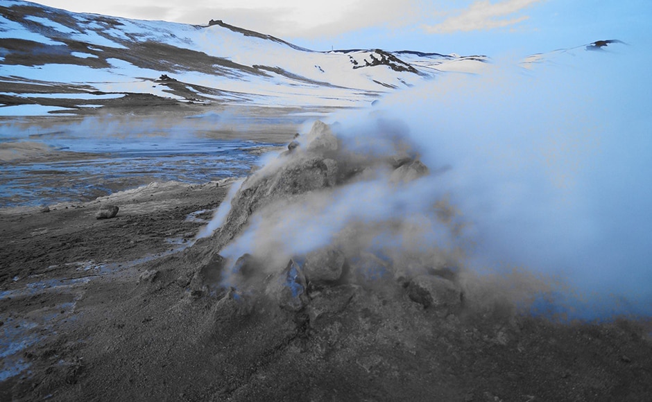 The steam fumaroles at Hverir, a hot spring area. This is surrounded by boiling mud pots, baked in sulphuric acid. Photo credit: Alok Raj The steam fumaroles at Hverir, a hot spring area. This is surrounded by boiling mud pots, baked in sulphuric acid. Photo credit: Alok Raj