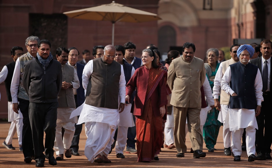 Indian lawmakers from opposition parties including Congress party President Sonia Gandhi, third from left, and former Prime Minister Manmohan Singh, extreme right, leave from Indian Presidential Palace after meeting President Pranab Mukherjee to lodge their protest against the uncertainty prevailing after the government demonetizing high-value bills in New Delhi, India. AP Indian lawmakers from opposition parties including Congress party President Sonia Gandhi, third from left, and former Prime Minister Manmohan Singh, extreme right, leave from Indian Presidential Palace after meeting President Pranab Mukherjee to lodge their protest against the uncertainty prevailing after the government demonetizing high-value bills in New Delhi, India. AP