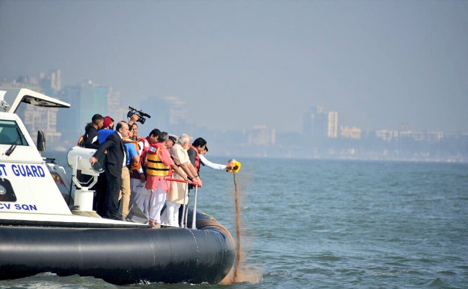 Modi also performed 'bhoomipoojan' for the sea memorial dedicated to Chhatrapati Shivaji Maharaj coming up in the Arabian Sea, around 1.5 km from Mumbai shoreline at Marine Drive. Image courtesy: Twitter/CMOMaharashtra Modi also performed 'bhoomipoojan' for the sea memorial dedicated to Chhatrapati Shivaji Maharaj coming up in the Arabian Sea, around 1.5 km from Mumbai shoreline at Marine Drive. Image courtesy: Twitter/CMOMaharashtra