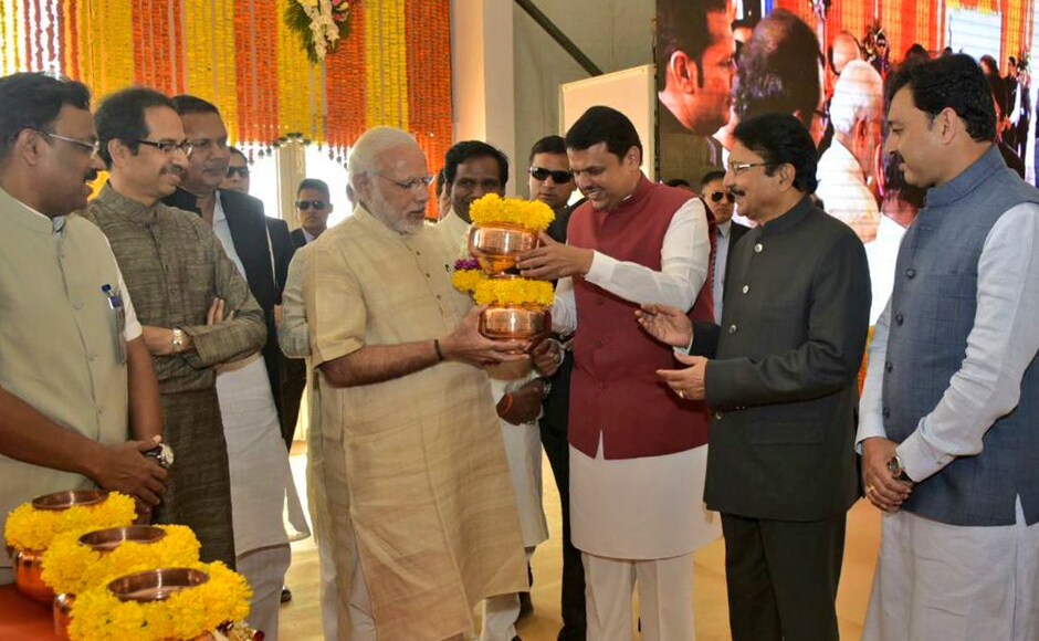 During the Jal Pujan for the Chhatrapati Shivaji Maharaj Memorial in the Arabian Sea, the prime minister was Maharashtra CM Devendra Fadnavis and Shiv Sena Chief Uddhav Thackeray as well. Image courtesy: Twitter/CMOMaharashtra During the Jal Pujan for the Chhatrapati Shivaji Maharaj Memorial in the Arabian Sea, the prime minister was Maharashtra CM Devendra Fadnavis and Shiv Sena Chief Uddhav Thackeray as well. Image courtesy: Twitter/CMOMaharashtra
