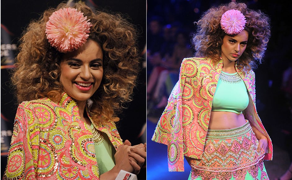 Kangana rocked the peppermint-hued embellished <em>lehenga</em>-jacket combination, with an ornamental flower set in her hair. Images by Sachin Gokhale/Firstpost Kangana rocked the peppermint-hued embellished <em>lehenga</em>-jacket combination, with an ornamental flower set in her hair. Images by Sachin Gokhale/Firstpost