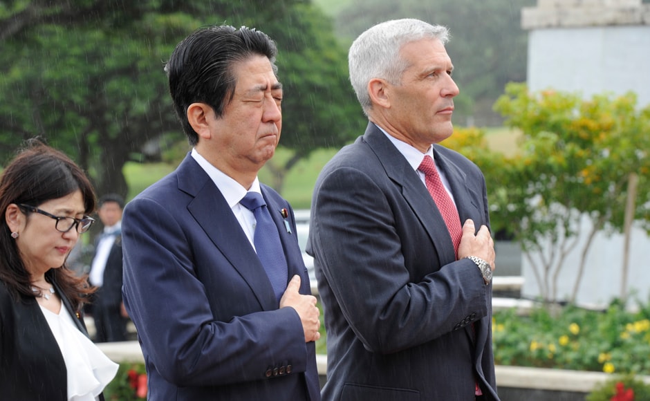 He later visited a nearby memorial for nine boys and men who died when a US Navy submarine collided with a Japanese fishing vessel in 2001. At the Ehime Maru Memorial, he again laid a wreath and bowed his head. (AP) He later visited a nearby memorial for nine boys and men who died when a US Navy submarine collided with a Japanese fishing vessel in 2001. At the Ehime Maru Memorial, he again laid a wreath and bowed his head. (AP)