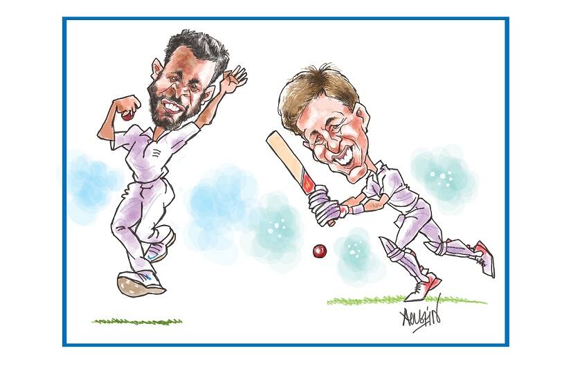 Adil Rashid and Joe Root. Illustration © Austin Coutinho