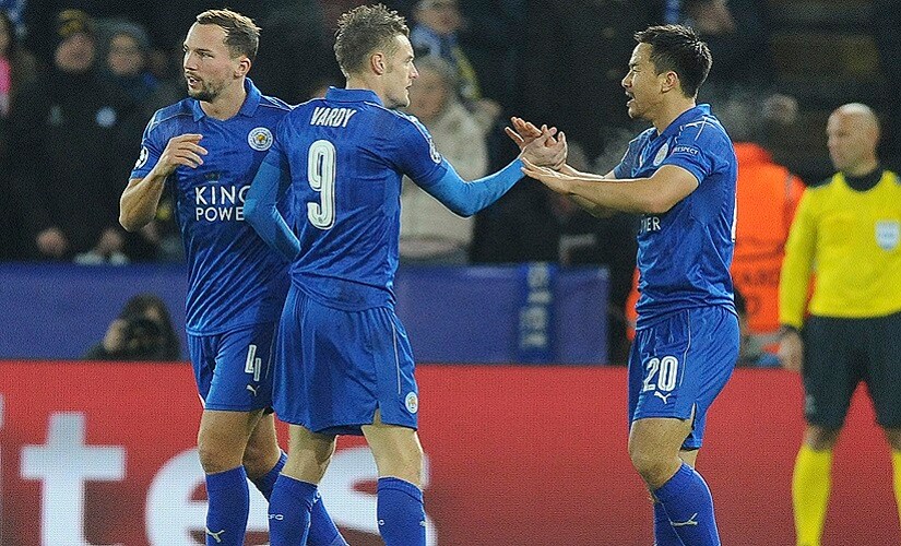 Leicester's Danny Drinkwater (left), Jamie Vardy (centre) and Shinji Okazaki (right) celebrate after scoring during the Champions League Group G match against Club Brugge. AP