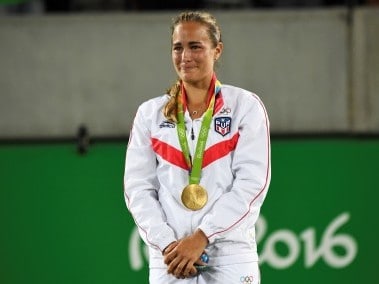 An emotional Monica Puig during the podium ceremony of Rio Olympics. AFP