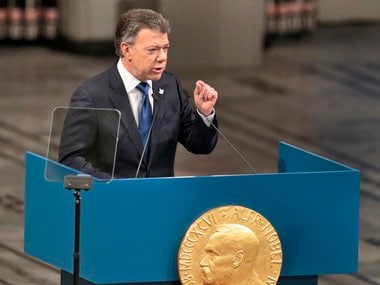 Nobel Peace Prize Laureate Colombian President Juan Manuel Santos gives a speech during the Peace Prize awarding ceremony at the City Hall in Oslo, Saturday Dec. 10, 2016. President Juan Manuel Santos are awarded this year's Nobel Peace Prize for his efforts to bring Colombia's more than 50-year-long civil war to an end. AP