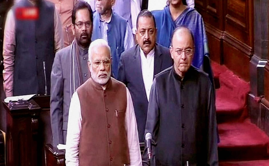 Prime Minister Narendra Modi with Finance Minister Arun Jaitley, MoS for PMO Jitendra Singh and MoS for Parliamentary Affairs Mukhtar Abbas Naqvi in the Rajya Sabha in New Delhi on Friday. PTI Prime Minister Narendra Modi with Finance Minister Arun Jaitley, MoS for PMO Jitendra Singh and MoS for Parliamentary Affairs Mukhtar Abbas Naqvi in the Rajya Sabha in New Delhi on Friday. PTI