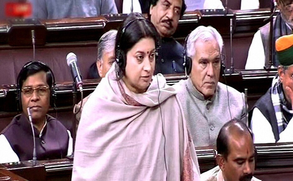 Union Textile Industry Minister Smriti Irani speaks in the Rajya Sabha in New Delhi on Friday. PTI Union Textile Industry Minister Smriti Irani speaks in the Rajya Sabha in New Delhi on Friday. PTI