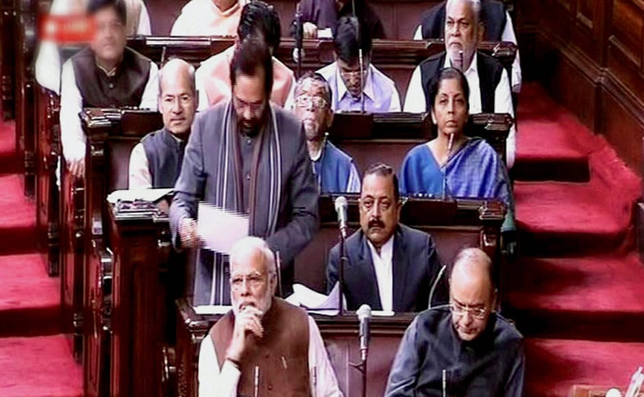 MoS for Parliamentary Affairs, Mukhtar Abbas Naqvi speaks in the Rajya Sabha in New Delhi on Friday. Prime Minister Narendra Modi, Finance Minister Arun Jaitley and MoS for PMO Jitendra Singh are also seen. PTI MoS for Parliamentary Affairs, Mukhtar Abbas Naqvi speaks in the Rajya Sabha in New Delhi on Friday. Prime Minister Narendra Modi, Finance Minister Arun Jaitley and MoS for PMO Jitendra Singh are also seen. PTI