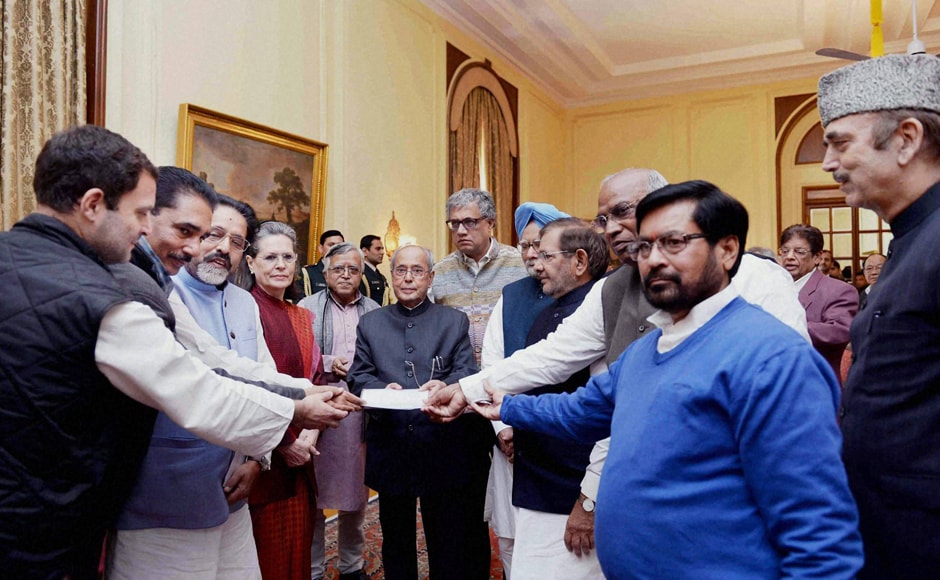 President Pranab Mukherjee receives a memorandum from a delegation of Opposition party leaders & Members of Parliament (Lok Sabha & Rajya Sabha) on the issue of demonetisation and its impacts across the country, at Rashtrapati Bhavan in New Delhi on Friday. PTI President Pranab Mukherjee receives a memorandum from a delegation of Opposition party leaders & Members of Parliament (Lok Sabha & Rajya Sabha) on the issue of demonetisation and its impacts across the country, at Rashtrapati Bhavan in New Delhi on Friday. PTI