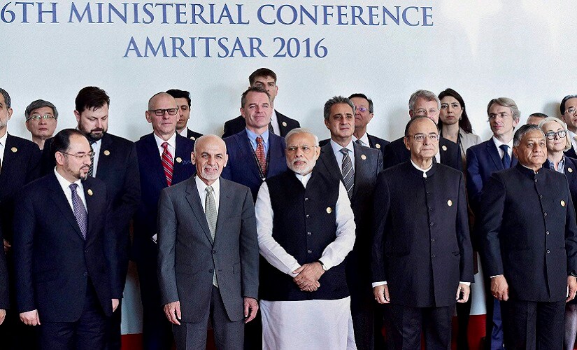 Prime Minister Narendra Modi, along with Afghanistan president Ashraf Ghani, Finance Minister Arun Jaitley, MoS for External Affairs VK Singh and other delegates, poses for a group photo before the inauguration of the 6th Heart of Asia Ministerial Conference, in Amritsar on Sunday. PTI